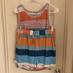 Striped Multicolor Tank & Shorts Set - Orange, Blue, Pink